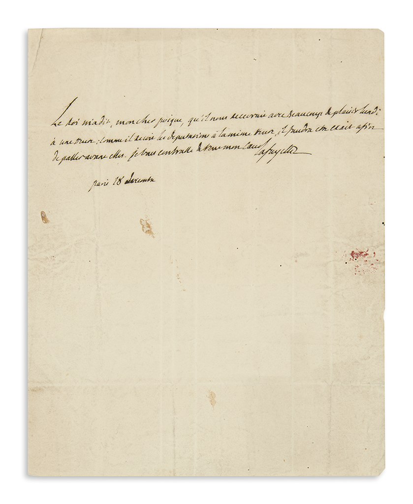 LAFAYETTE, GILBERT DU MOTIER; MARQUIS DE. Brief Autograph Letter Signed, Lafayette, to My dear Poque, in French:
